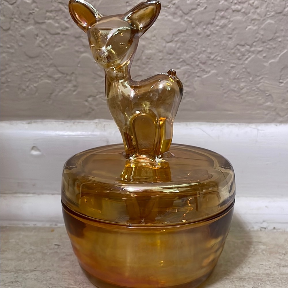 Vintage Jeanette Marigold Carnival Glass Deer Fawn Trinket Candy Dish w/Lid #806